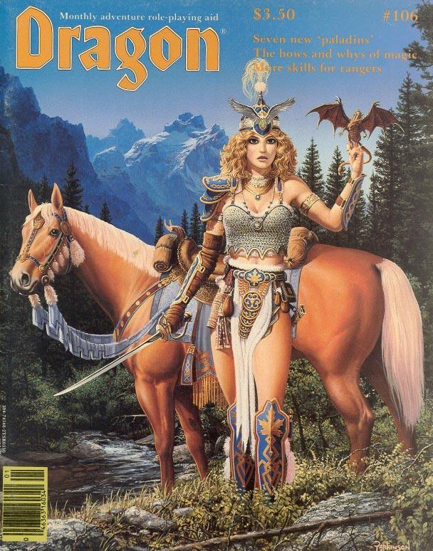 Keith Parkinson’s Valshea: an elven ranger overlooking a mountain landscape beside her horse, with a small pseudodragon familiar.