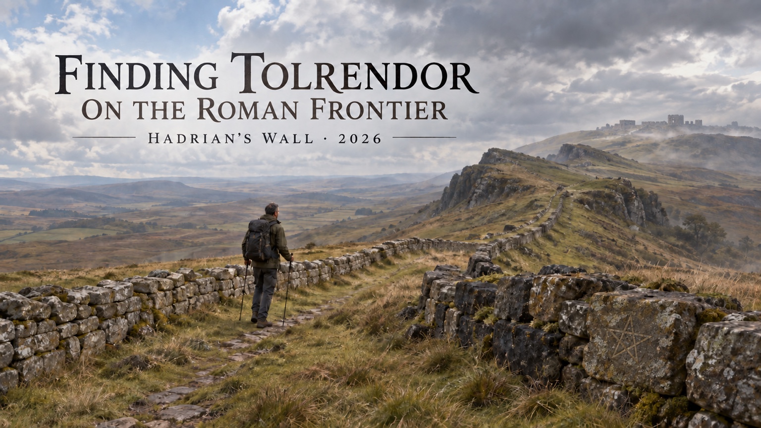 A walker follows Hadrian’s Wall across the Whin Sill beneath the title Finding Tolrendor on the Roman Frontier — Hadrian’s Wall 2026.